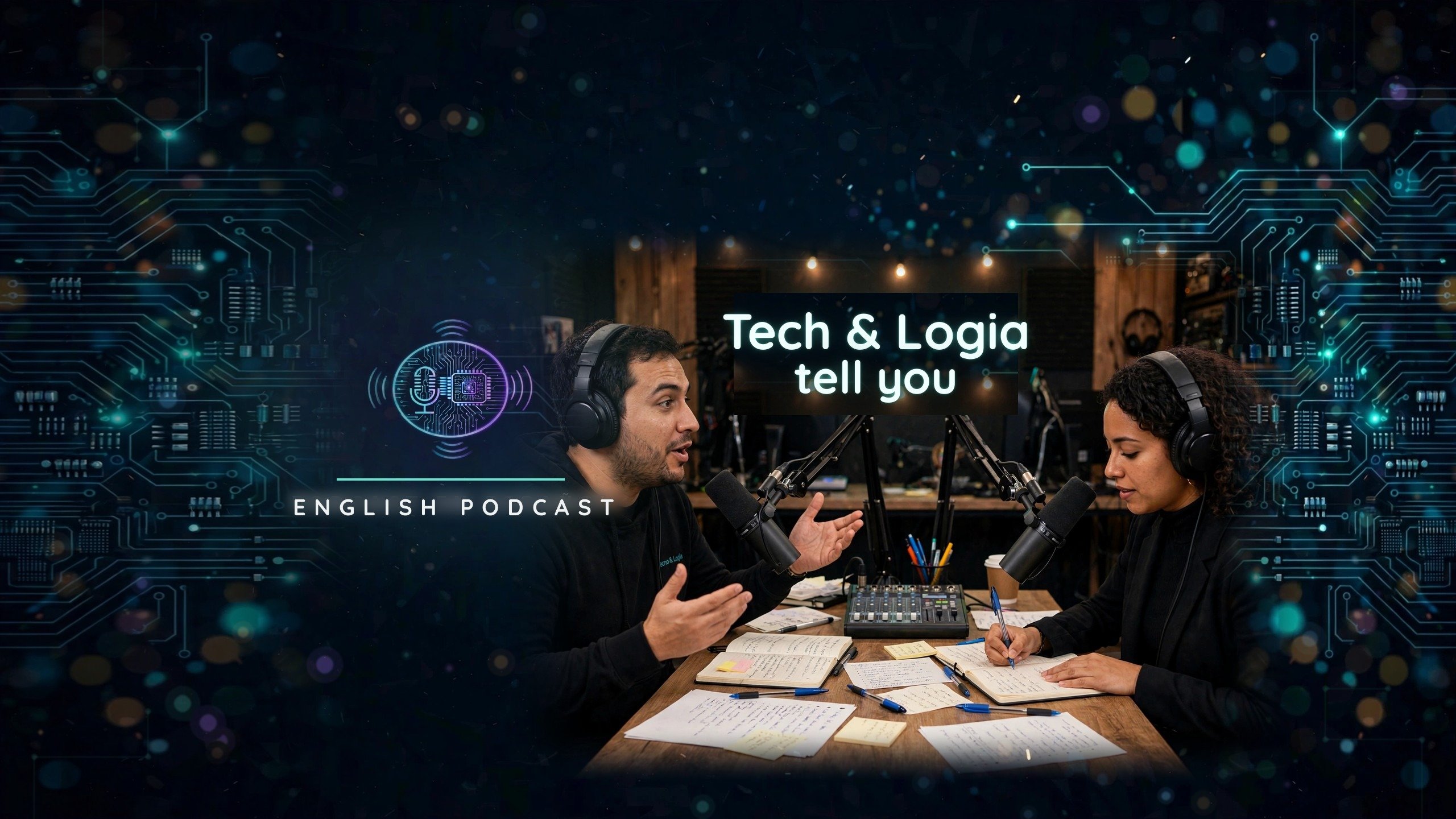 Artwork for Tech & Logia tell you..., with a microphone and a chip joined by neon circuits